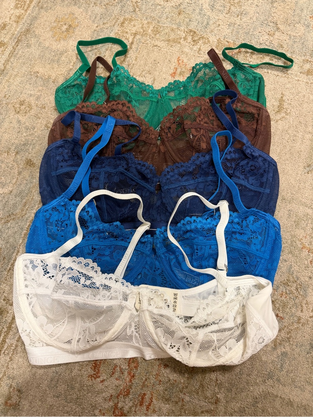 Lounge Women’s Lace Bralette Pack - Green, Brown, Navy, Blue, White